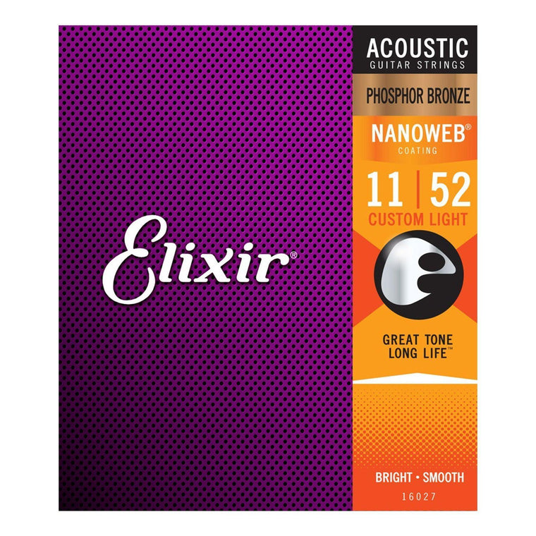 Elixir 16027 Custom Light Phosphor Bronze Nanoweb Acoustic Guitar Strings (11-52)