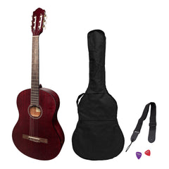 Martinez 'Slim Jim' Full Size Student Classical Guitar Pack with Built In Tuner (Red)-MP-SJ44T-RED
