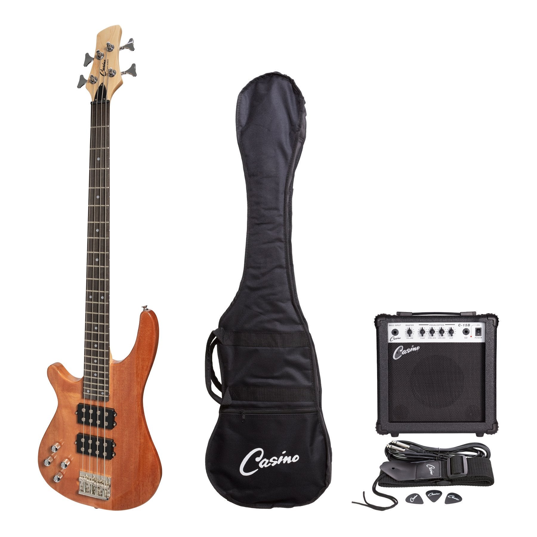 Casino '24 Series' Left Handed Mahogany Tune-Style Electric Bass Guitar and 15 Watt Amplifier Pack (Natural Gloss)-CP-TB2L-MAH