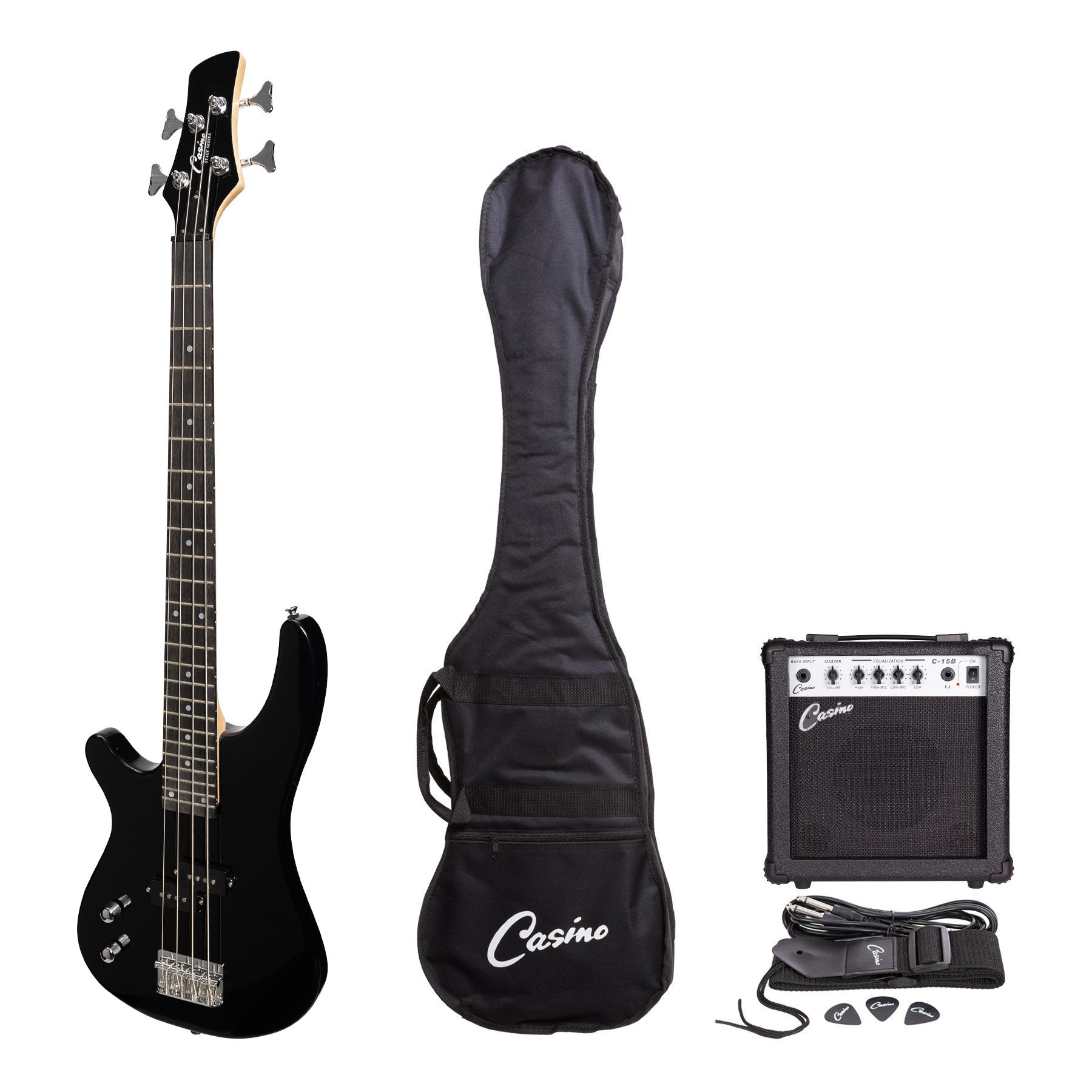 Casino '24 Series' Left Handed Short Scale Tune-Style Electric Bass Guitar and 15 Watt Amplifier Pack (Black)-CP-SB1L-BLK