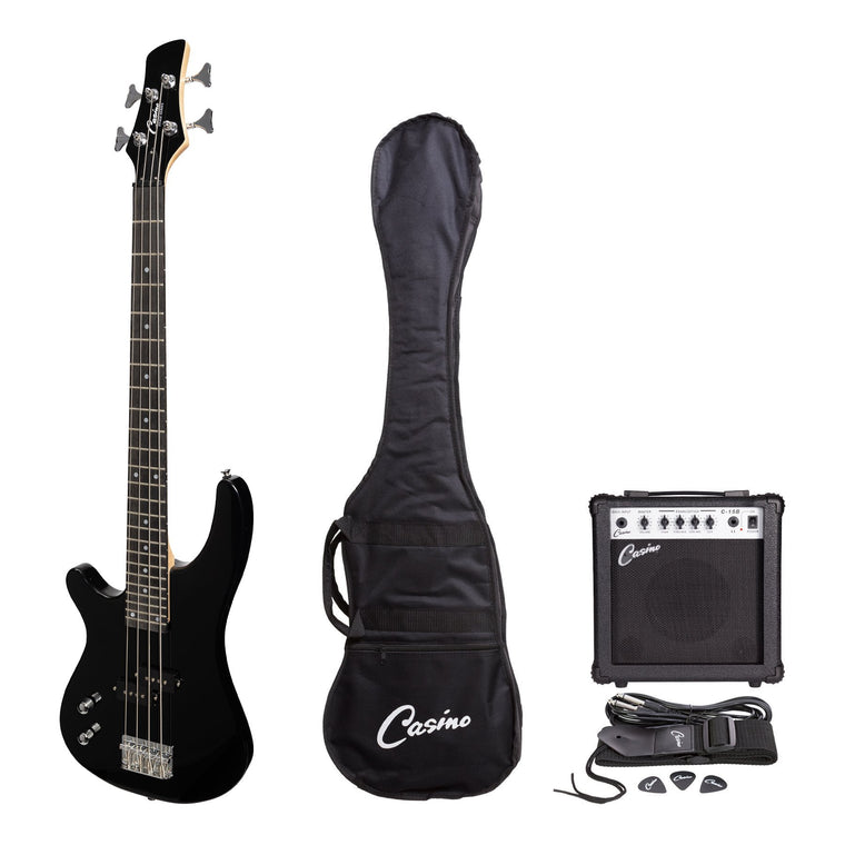 Casino '24 Series' Left Handed Short Scale Tune-Style Electric Bass Guitar and 15 Watt Amplifier Pack (Black)