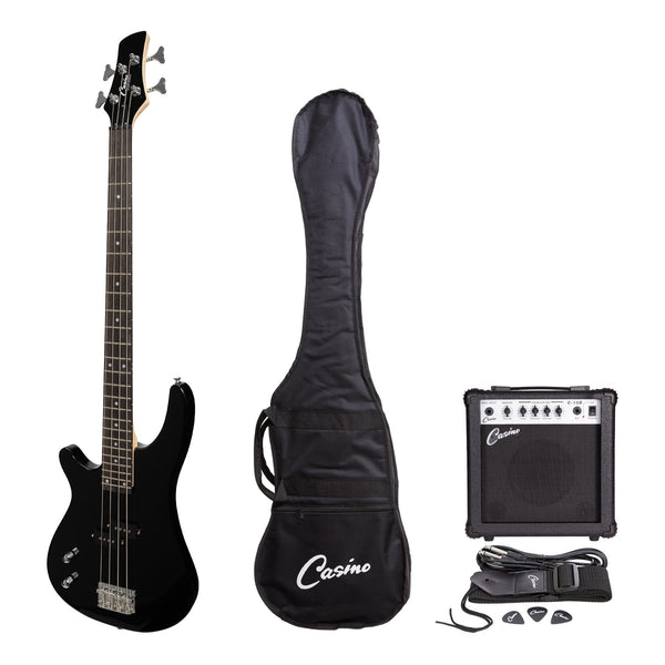 Casino '24 Series' Left Handed Tune-Style Electric Bass Guitar and 15 Watt Amplifier Pack (Black)-CP-TB1L-BLK