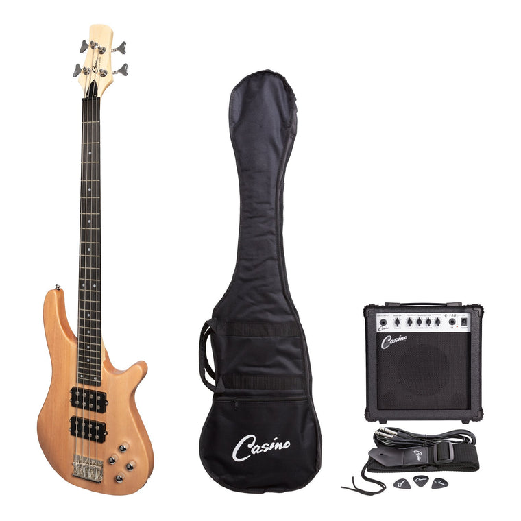Casino '24 Series' Mahogany Tune-Style Electric Bass Guitar and 15 Watt Amplifier Pack (Natural Satin)