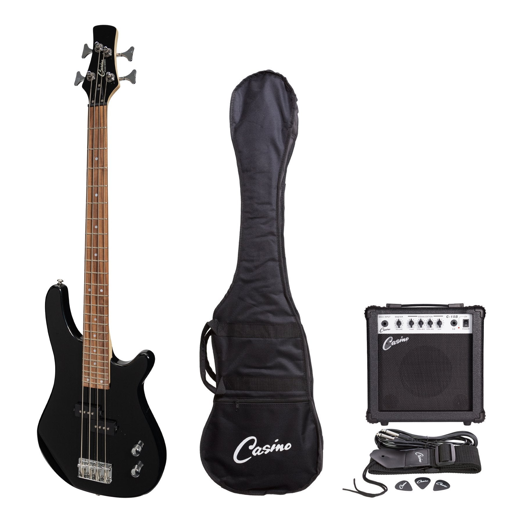 Casino '24 Series' Short Scale Tune-Style Electric Bass Guitar and 15 Watt Amplifier Pack (Black)-CP-SB1-BLK