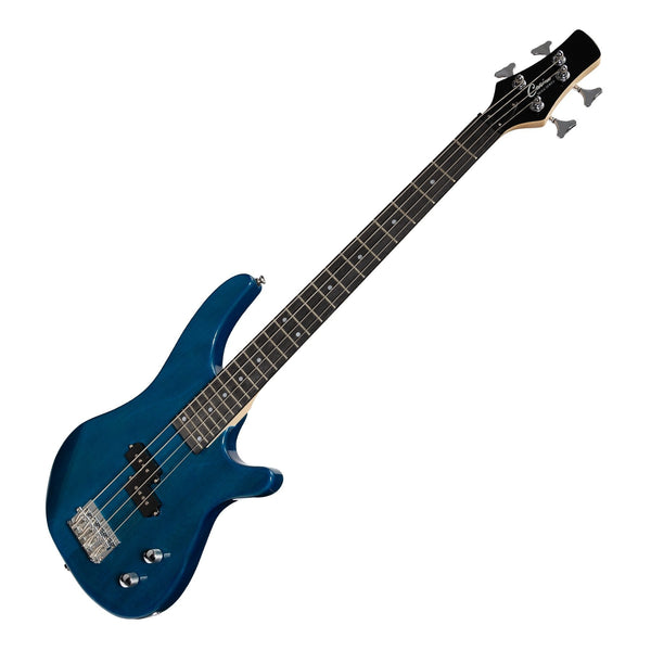 Casino '24 Series' Short Scale Tune-Style Electric Bass Guitar and 15 Watt Amplifier Pack (Transparent Blue)