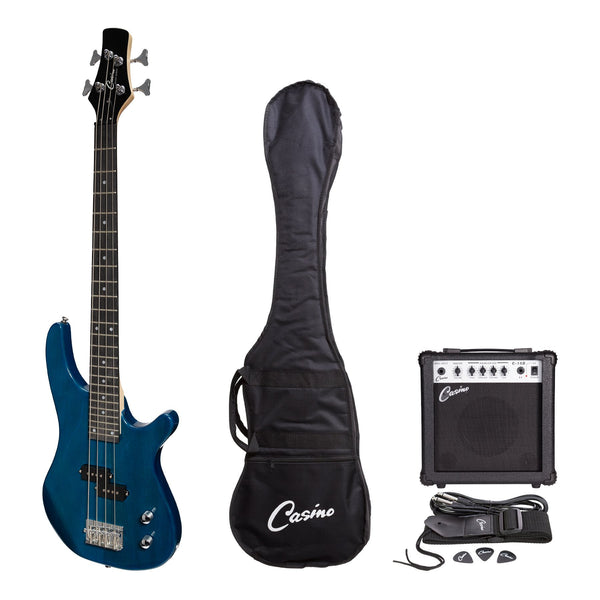 Casino '24 Series' Short Scale Tune-Style Electric Bass Guitar and 15 Watt Amplifier Pack (Transparent Blue)-CP-SB1-TBL
