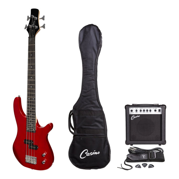 Casino '24 Series' Short Scale Tune-Style Electric Bass Guitar and 15 Watt Amplifier Pack (Transparent Wine Red)-CP-SB1-TWR