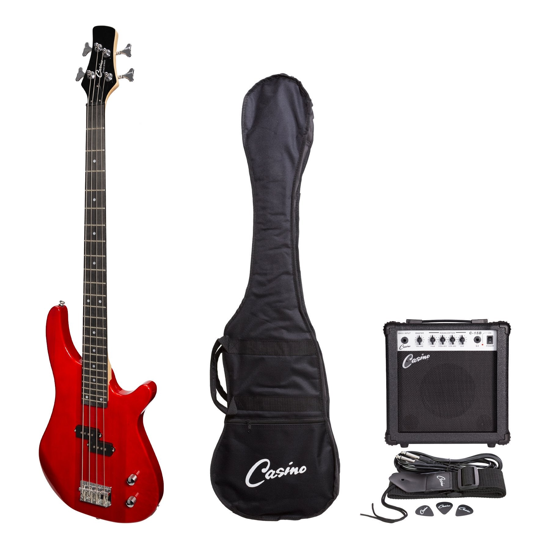 Casino '24 Series' Tune-Style Electric Bass Guitar and 15 Watt Amplifier Pack (Transparent Wine Red)-CP-TB1-TWR