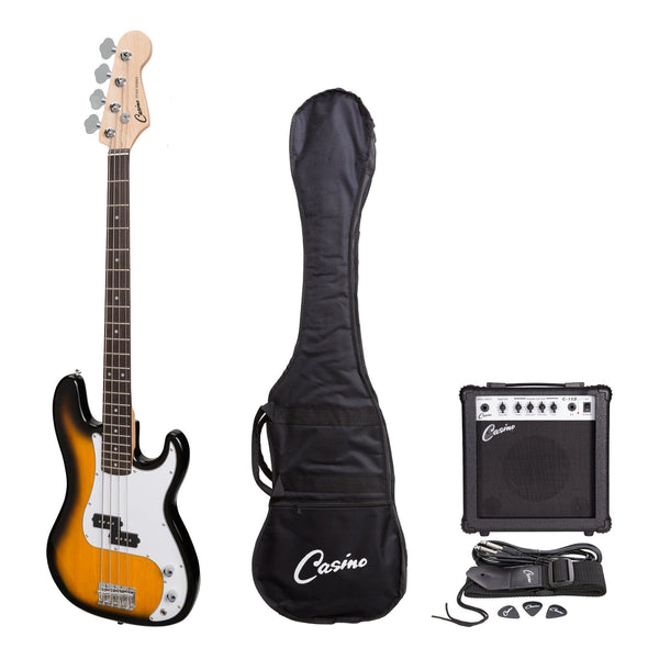 Casino P-Style Electric Bass Guitar and 15 Watt Amplifier Pack (Tobacco Burst)-CP-PB21-TB