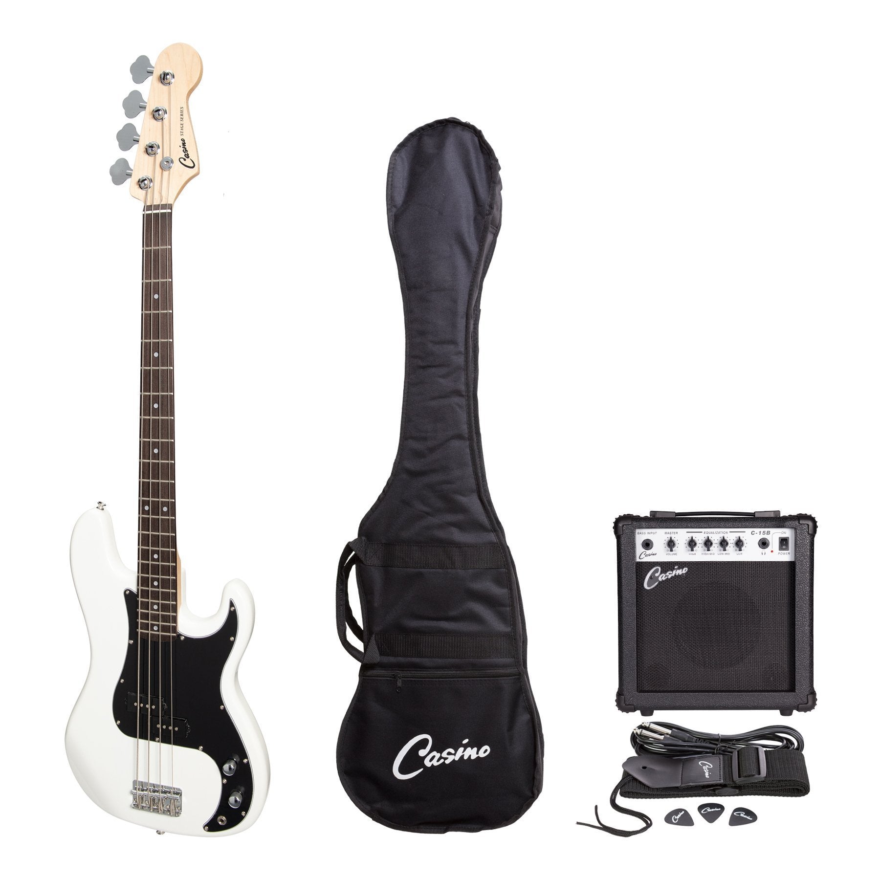 Casino P-Style Electric Bass Guitar and 15 Watt Amplifier Pack (White)-CP-PB21-WHT