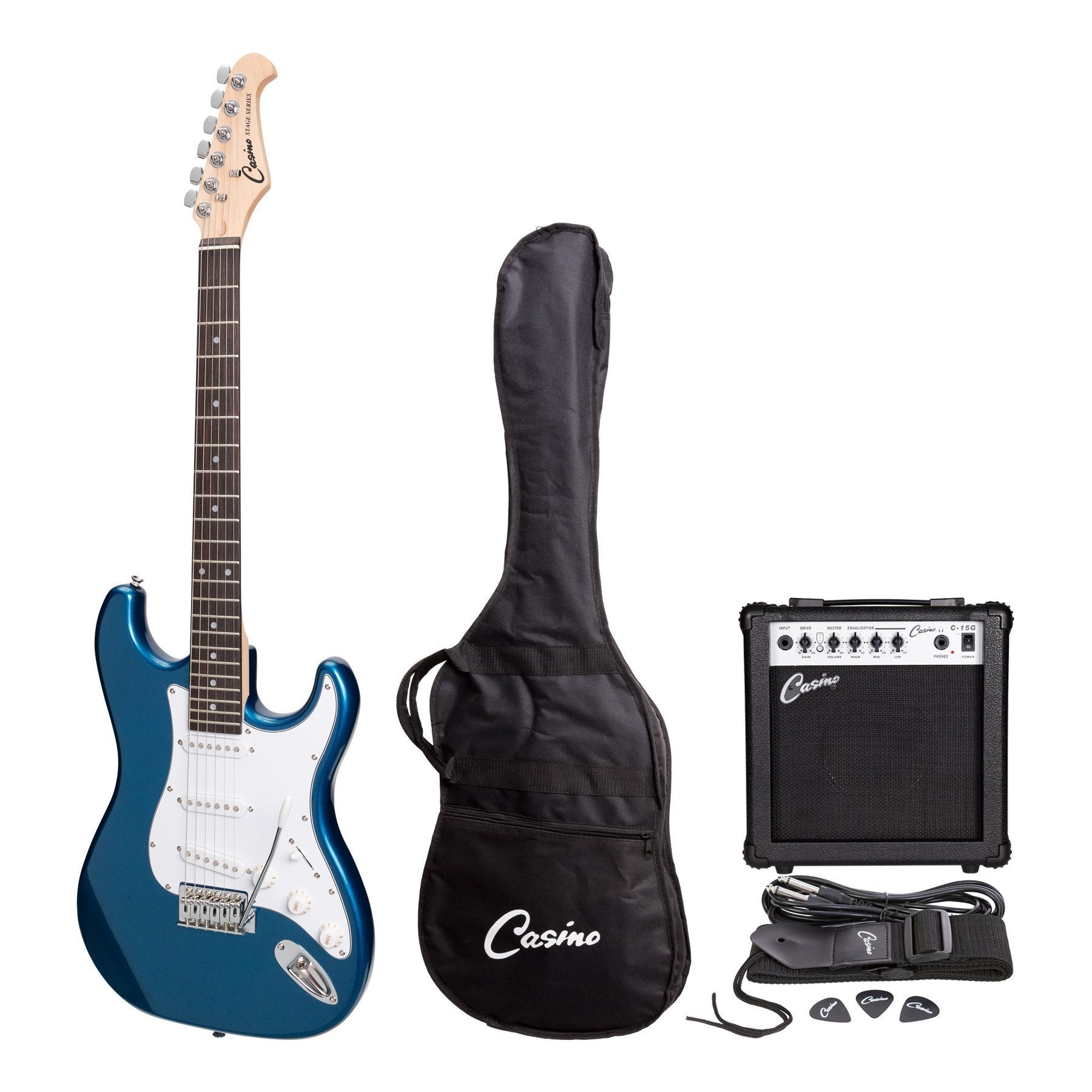 Casino ST-Style Electric Guitar and 15 Watt Amplifier Pack (Metallic Blue)-CP-E1-MBL