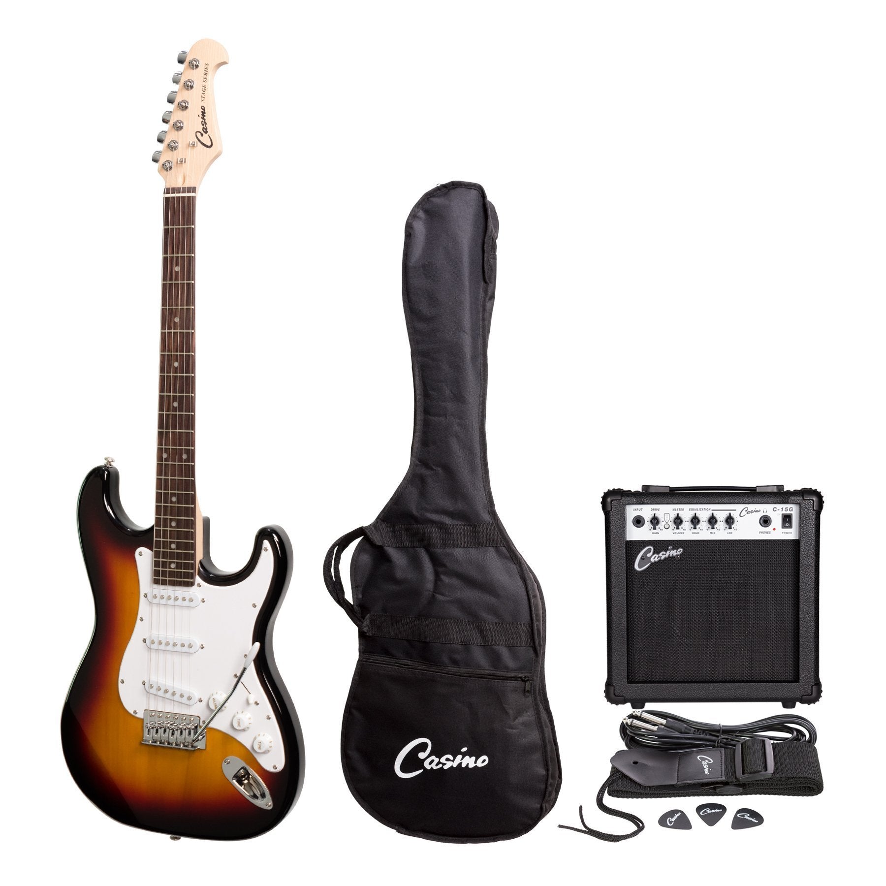 Casino ST-Style Electric Guitar and 15 Watt Amplifier Pack (Sunburst)-CP-E1-TSB