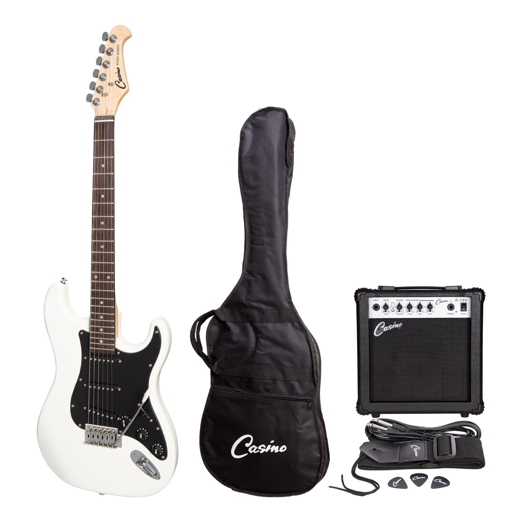 Casino ST-Style Electric Guitar and 15 Watt Amplifier Pack (White)-CP-E1-WHT