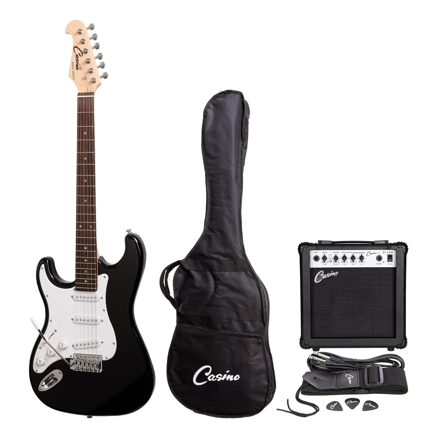 Casino ST-Style Left Handed Electric Guitar and 15 Watt Amplifier Pack (Black)-CP-E1L-BLK