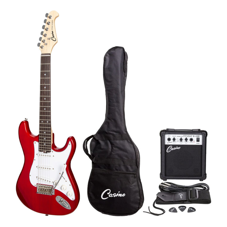 Casino ST-Style Short Scale Electric Guitar and 10 Watt Amplifier Pack (Transparent Wine Red)