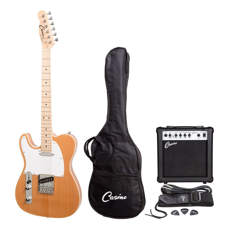 Casino TE-Style Left Handed Electric Guitar Set and 15 Watt Amplifier Pack (Natural Gloss)