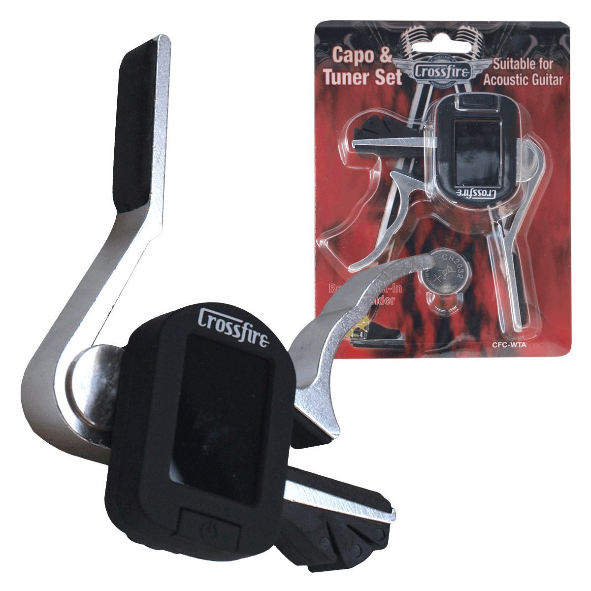 Crossfire Trigger-Style Acoustic Guitar Capo with Chromatic Tuner (Nickel)-CFC-WTA