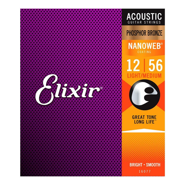 Elixir 16077 Light/Medium Phosphor Bronze Nanoweb Acoustic Guitar Strings (12-56)-E16077