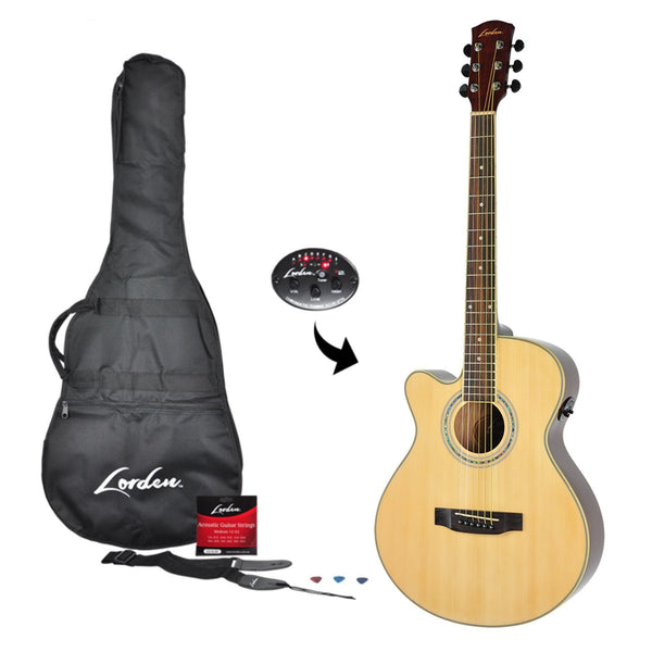Lorden Left Handed Acoustic-Electric Small Body Cutaway Guitar Pack (Natural Gloss)-LFCP-10L-NGL