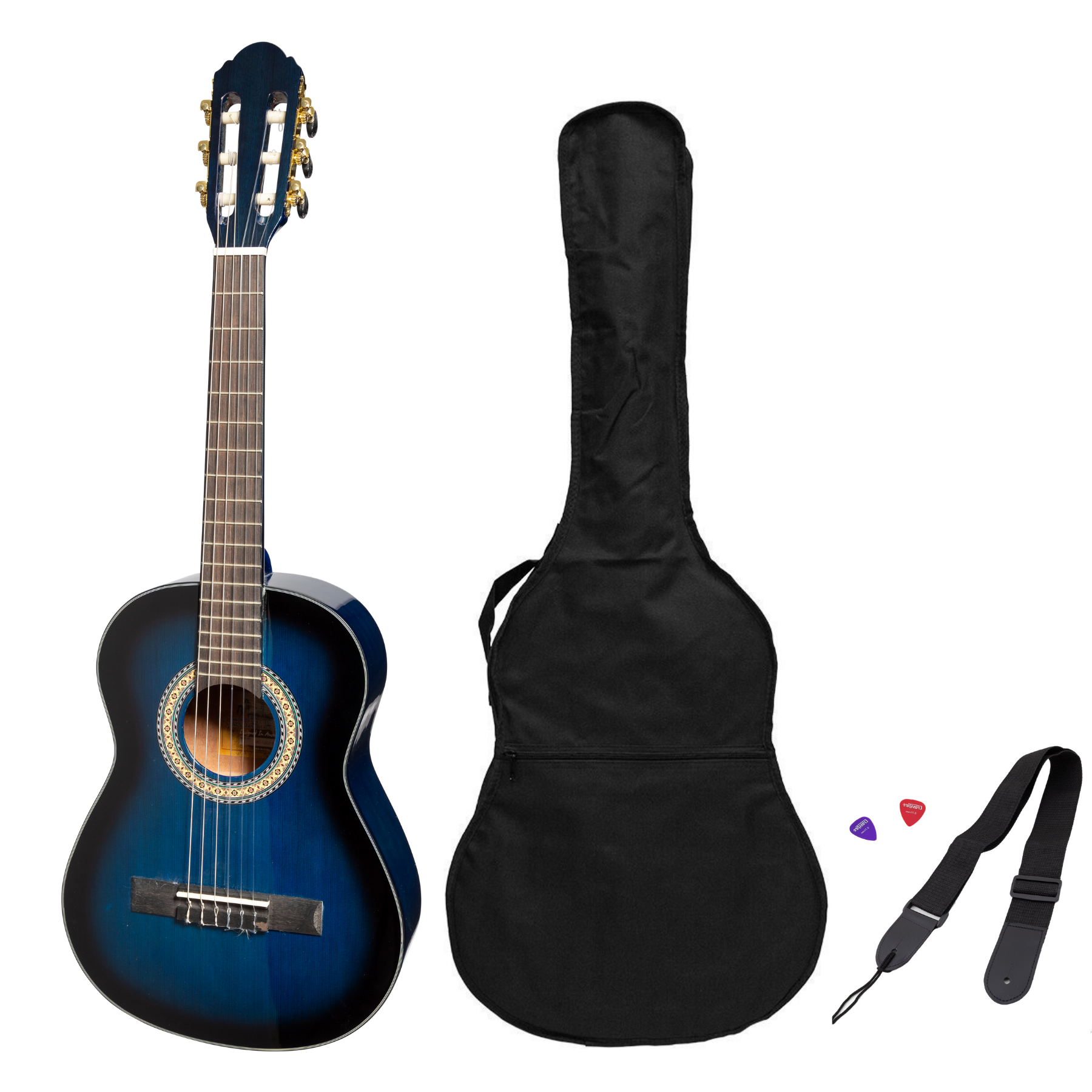 Martinez G-Series 1/2 Size Student Classical Guitar Pack with Built In Tuner (Blue-Gloss)-MP-12GT-BLS