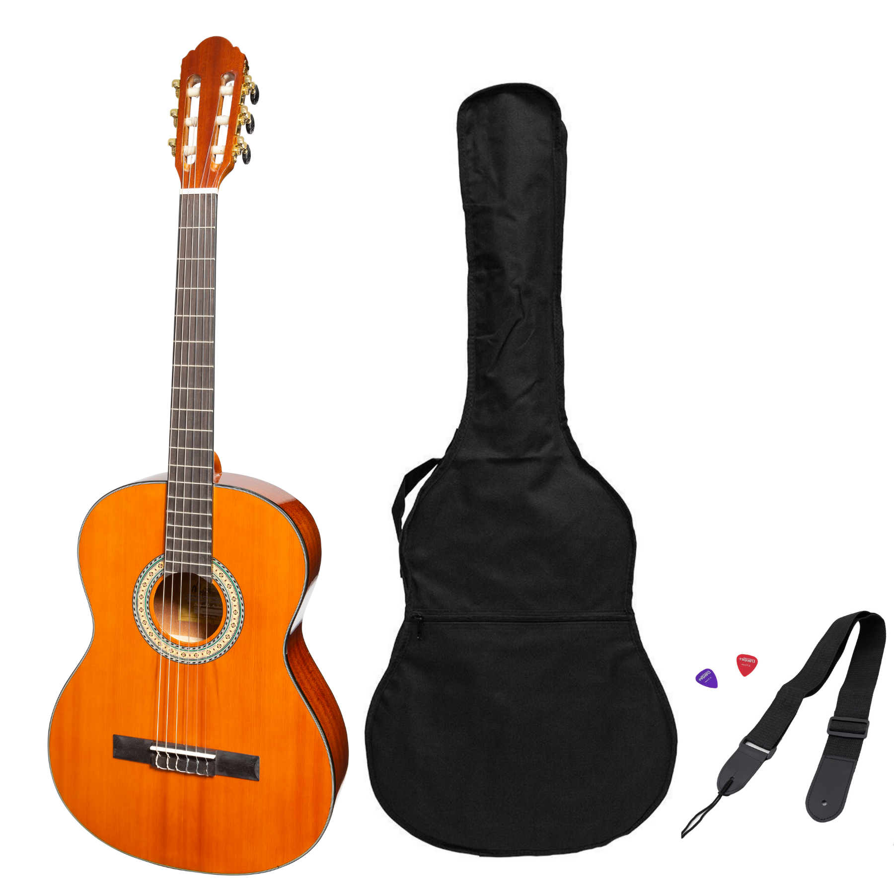 Martinez G-Series Full Size Student Classical Guitar Pack with Built In Tuner (Amber-Gloss)-MP-44GT-AMB