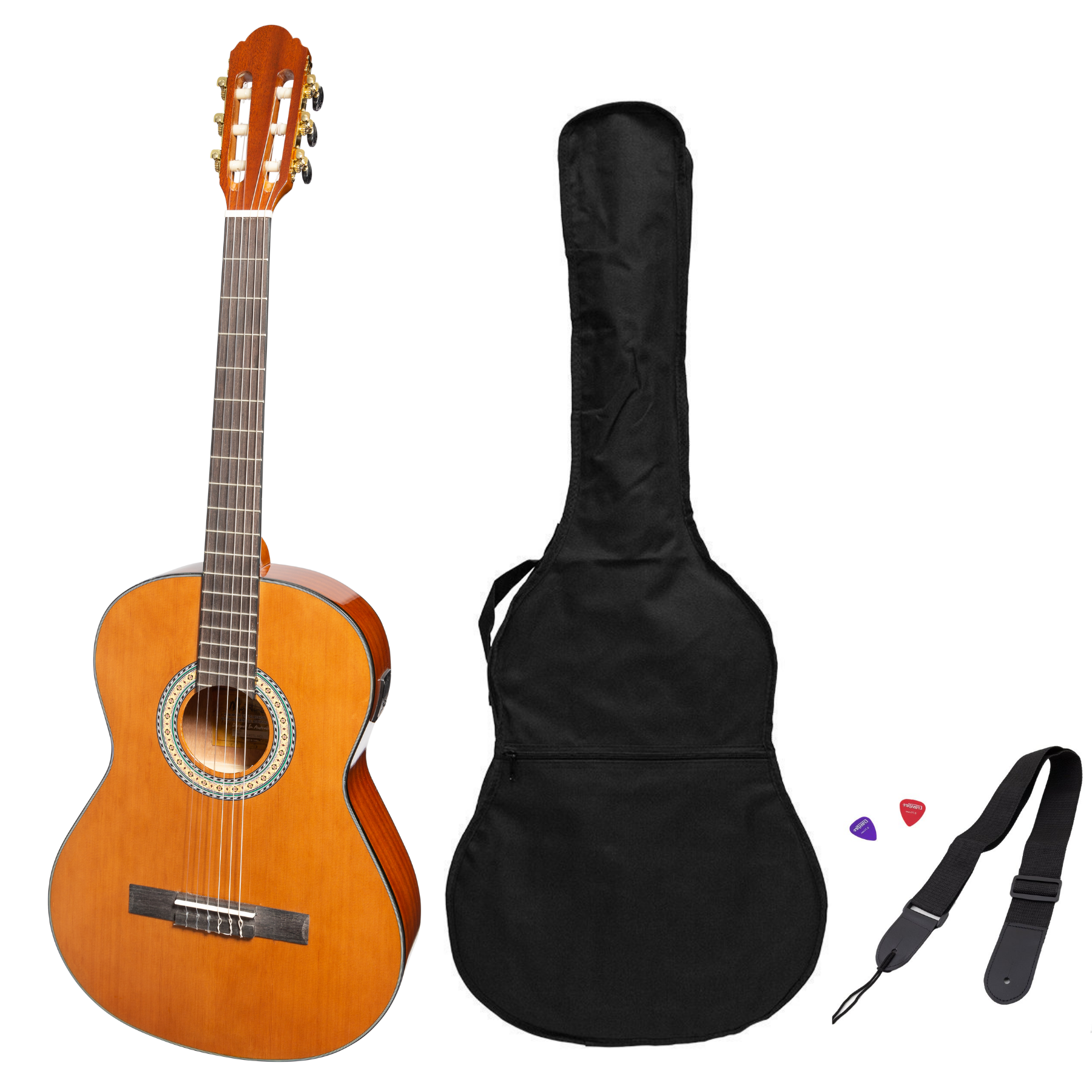 Martinez G-Series Left Handed Full Size Student Classical Guitar Pack with Built In Tuner (Natural-Gloss)-MP-44GTL-NGL