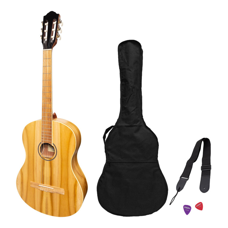 Martinez 'Slim Jim' Full Size Electric Classical Guitar Pack with Pickup/Tuner (Jati-Teakwood)