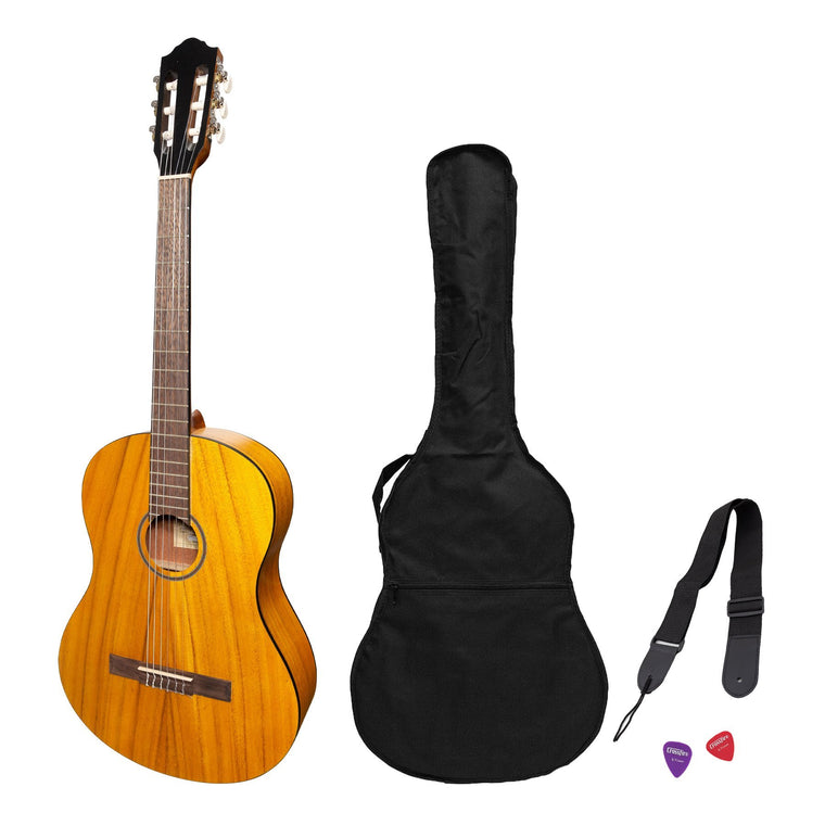 Martinez 'Slim Jim' Full Size Student Classical Guitar Pack with Built In Tuner (Koa)