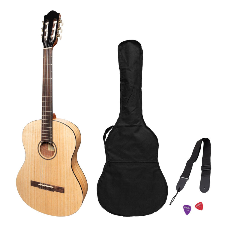 Martinez 'Slim Jim' Full Size Student Classical Guitar Pack with Built In Tuner (Mindi-Wood)