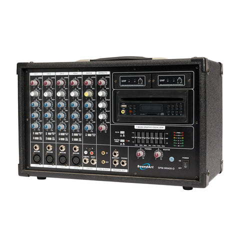 SoundArt 6 Channel 400 Watt Dual Wireless Powered Mixer PA System with DVD Player-SPM-W6400D