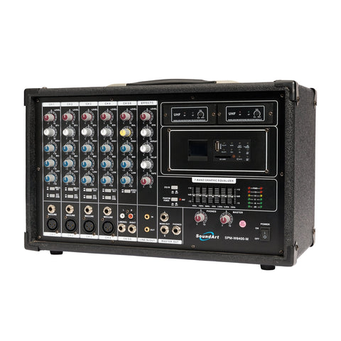 SoundArt 6 Channel 400 Watt Dual Wireless Powered Mixer PA System with MP3 Player-SPM-W6400M