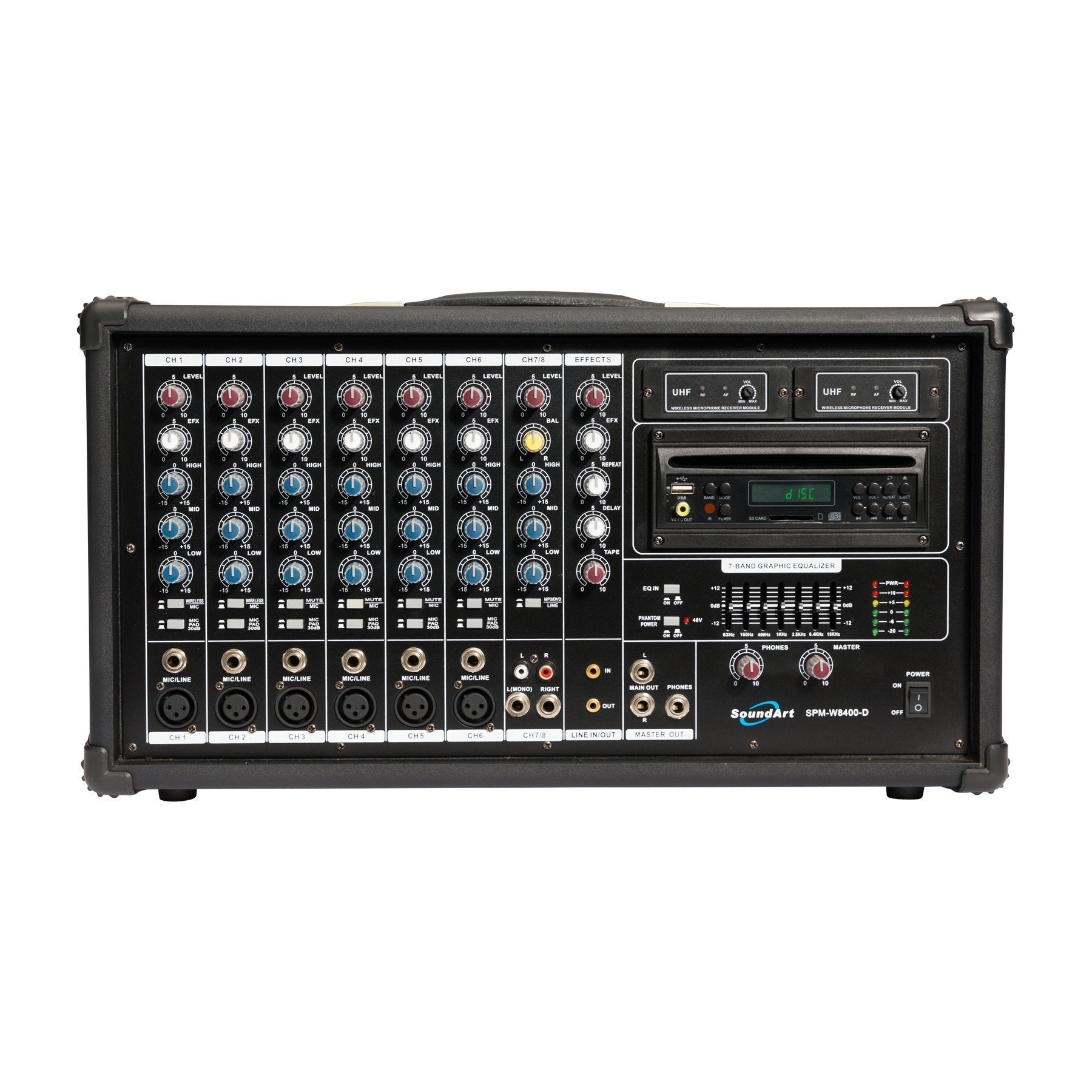 SoundArt 8 Channel 400 Watt Dual Wireless Powered Mixer PA System with DVD Player-SPM-W8400D